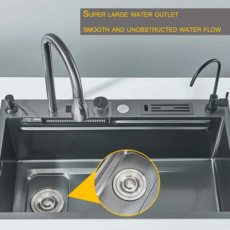 304 High 1uality Intelligent Digital Display Waterfall Kitchen Sink Large Single Slot Integrated Digital Display Faucet Set
