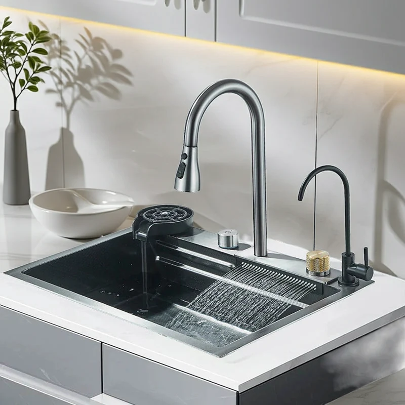 304 Stainless Steel Waterfall Kitchen Sink Sink Large Single basin With Large Single Slot Sink Above Counter With Cup Disher