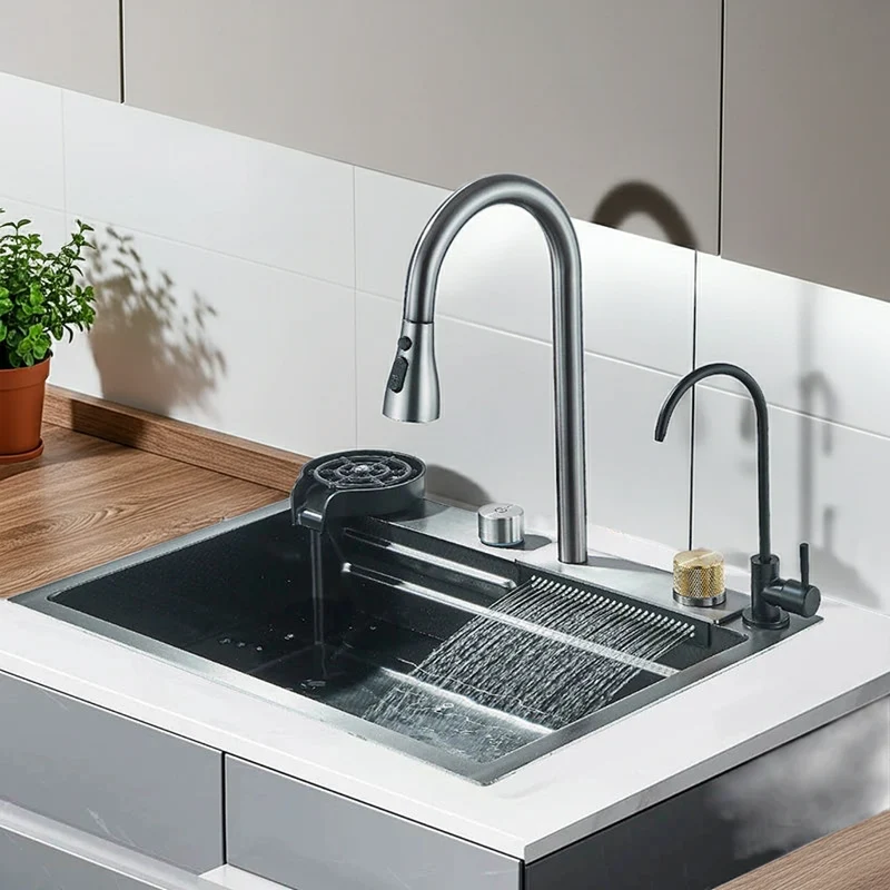 304 Stainless Steel Waterfall Kitchen Sink Sink Large Single basin With Large Single Slot Sink Above Counter With Cup Disher