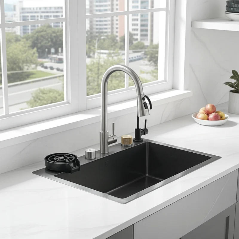 304 Stainless Steel Waterfall Kitchen Sink Sink Large Single basin With Large Single Slot Sink Above Counter With Cup Disher