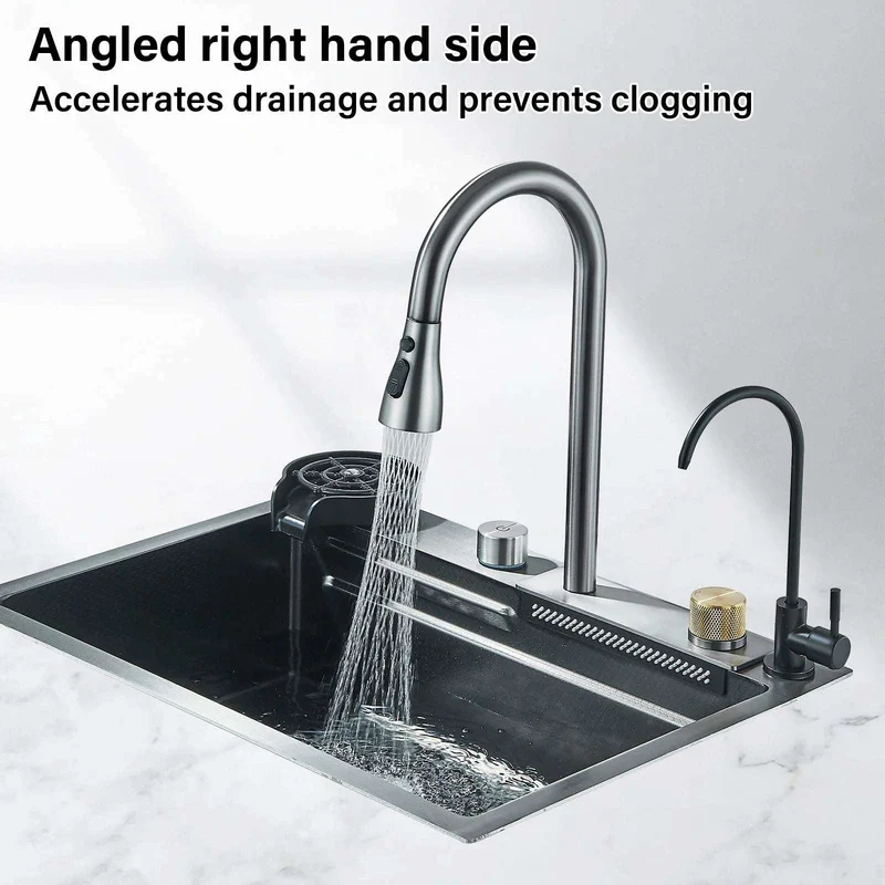 304 Stainless Steel Waterfall Kitchen Sink Sink Large Single basin With Large Single Slot Sink Above Counter With Cup Disher