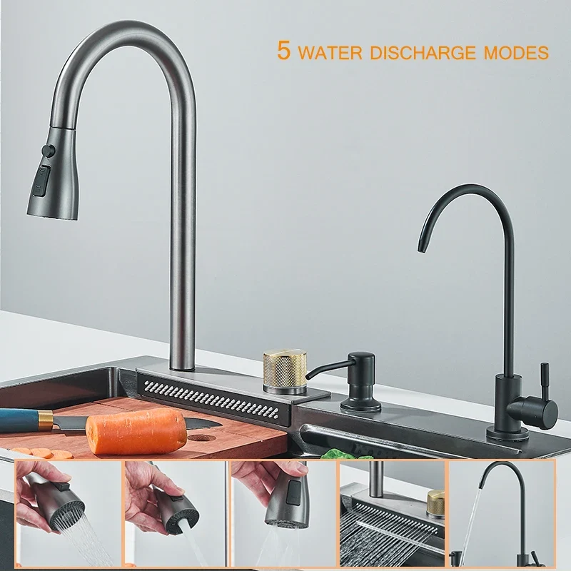 Stainless Steel Waterfall Sink. 5 Water Modes. Digital Faucet.