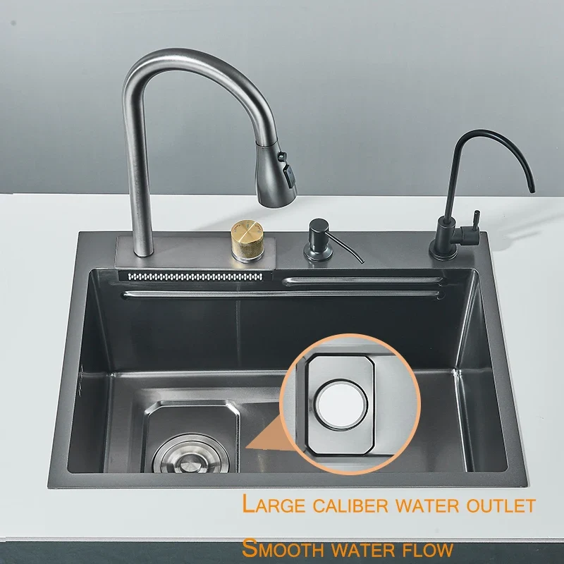 Stainless Steel Waterfall Sink. 5 Water Modes. Digital Faucet.