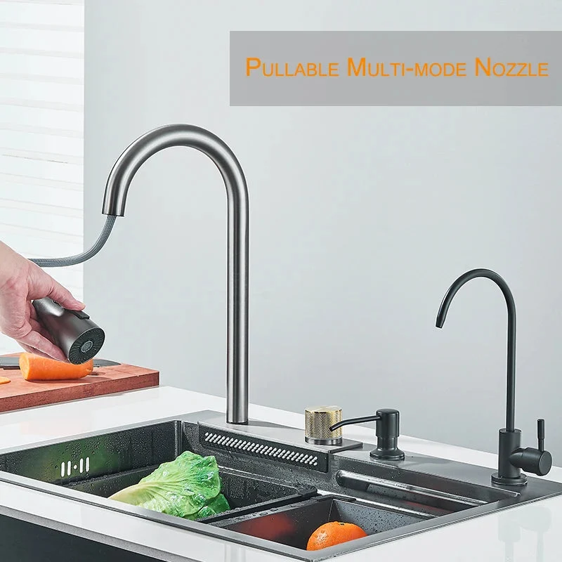 Stainless Steel Waterfall Sink. 5 Water Modes. Digital Faucet.