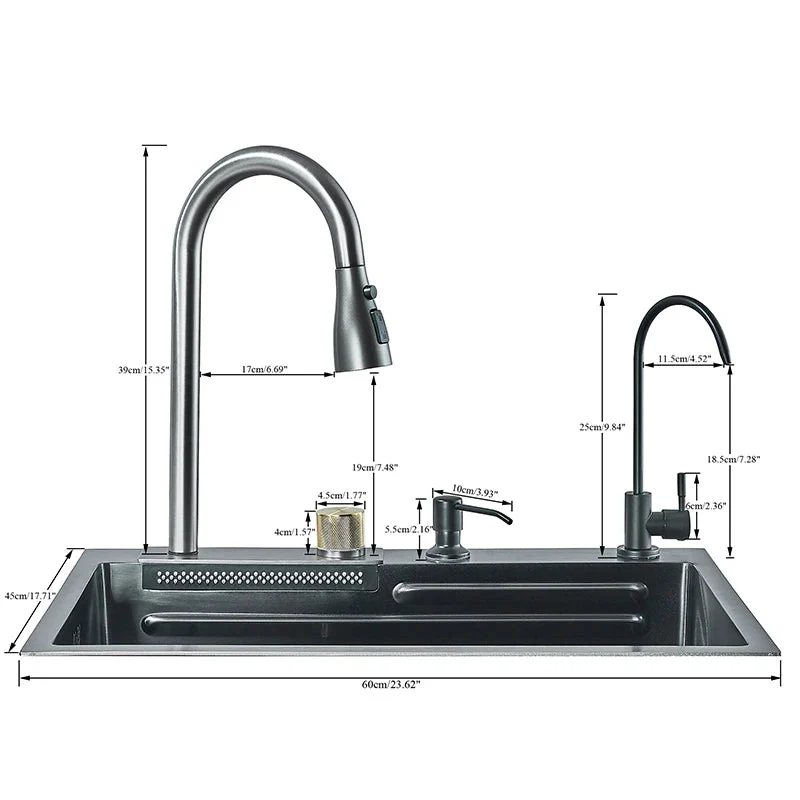 Stainless Steel Waterfall Sink. 5 Water Modes. Digital Faucet.