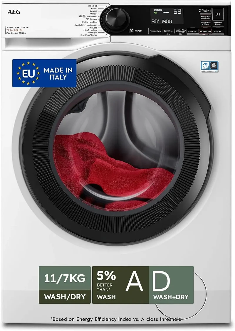 AEG Waschtrockner LWR7D1174B 7000 1400, Geräuschpegel 73 dB, Serie ProSteam, Umdrehungen, Energieklasse D, 11 + 7 kg, Freistehender, Dampfreiniger