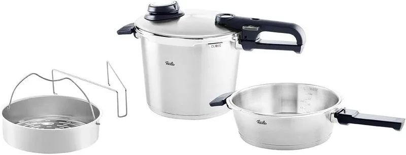 Fissler Vitavit, 4-teilig, Schnellkochtopf-Set, Einsatz, Induktion, Ø 22 cm & Schnellbratpfanne 2,5l, Fassungsvermögen 6l, inklusive. Metall-Deckel
