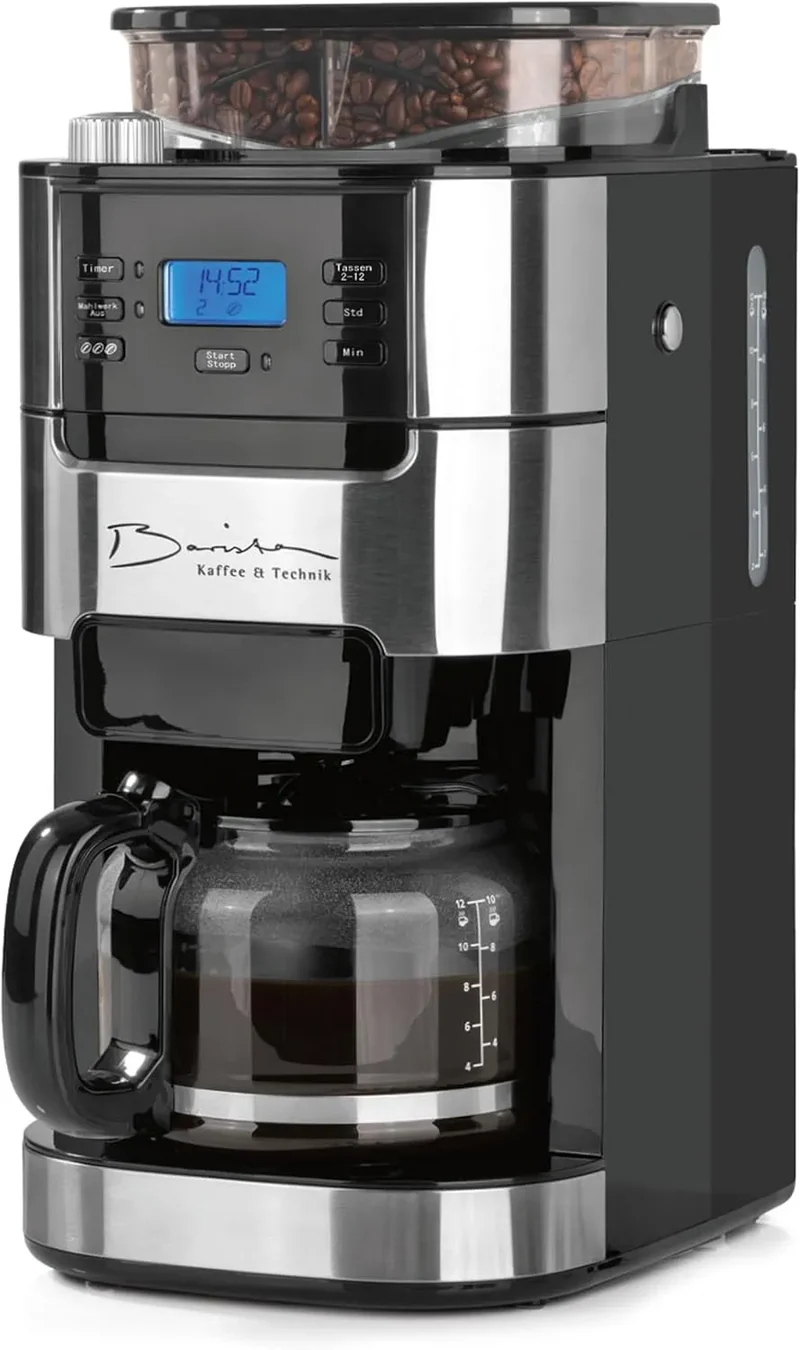 Kaffeemaschine 24h, Barista Filterkaffeemaschine mit verstellbarem Mahlwerk & Glaskanne, Timer & Permanentfilter, Edelstahl, Für 10 Tassen Kaffee