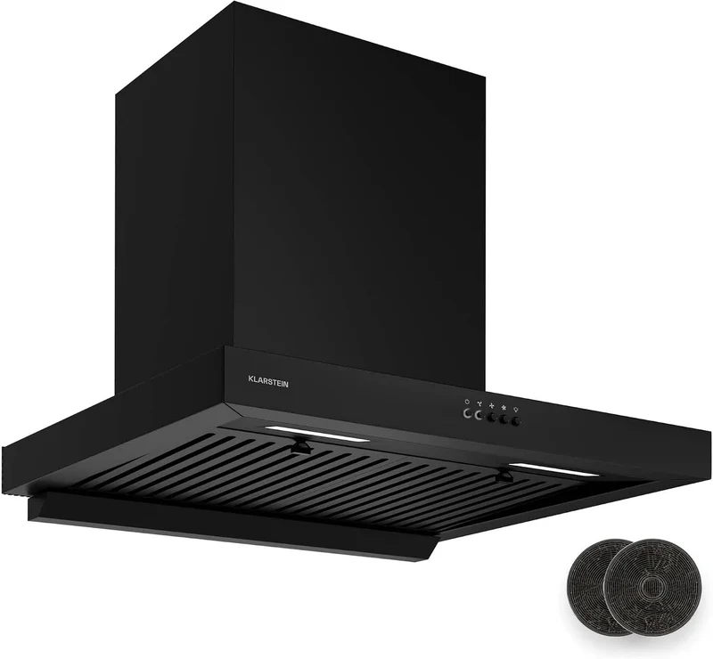 Klarstein Dunstabzugshaube 3800-4200, Boost-Modus 721 m³/h, A++ Energieeffizienz, Drucktasten, in Schwarz, 60 cm Wandhaube, AeroClean
