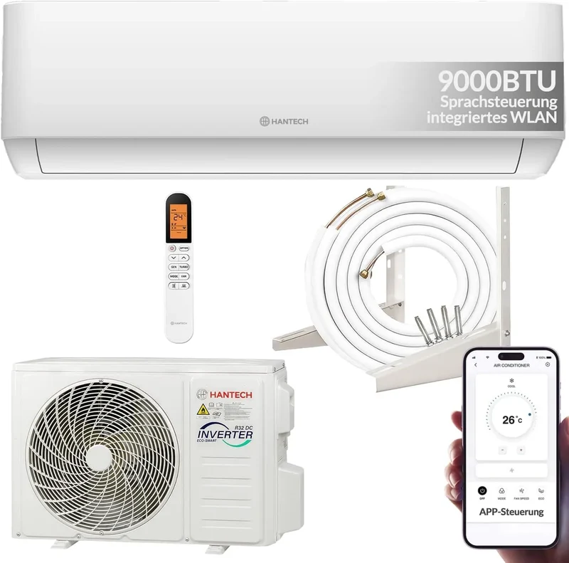 Klimaanlage Split, bis 30m², Luftfilter, Montagematerial, 9000 BTU, HANTECH H-PRO Heiz-&Kühlfunktion, WIFI
