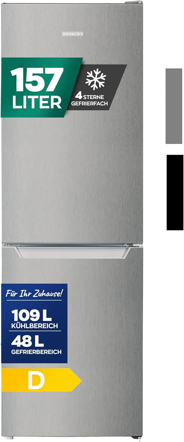 Heinrich´s Kühlgefrierkombination mit Gesamtvolumen, Fassungsvermögen 109 L Kühlvolumen 48 L Gefriervolumen, leise 39 dB, LED Beleuchtung, Inox