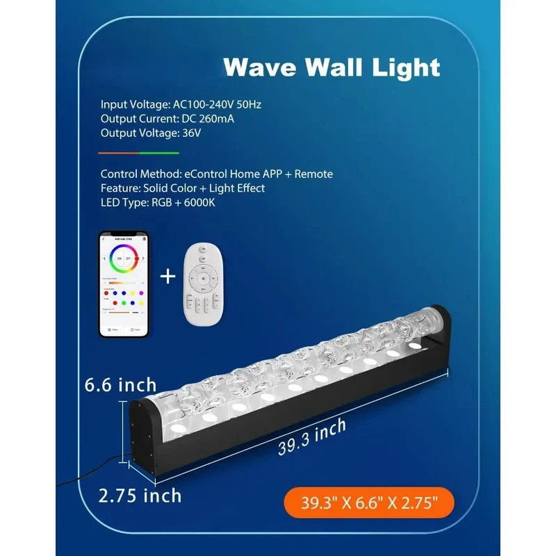 RGBW Dynamic Wave Wall Light,Flowing Water,Aurora Visual-Color Changing Wall Washer Lamp with Remote & APP-Ambient Light 1 Pack