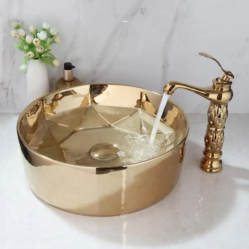 JIENI Bathroom Golden Plated Ceramic Round Combine Faucet Set Diamond Setting Lavatory Washbasin Sink Mixer Faucet w/ Pop Drain