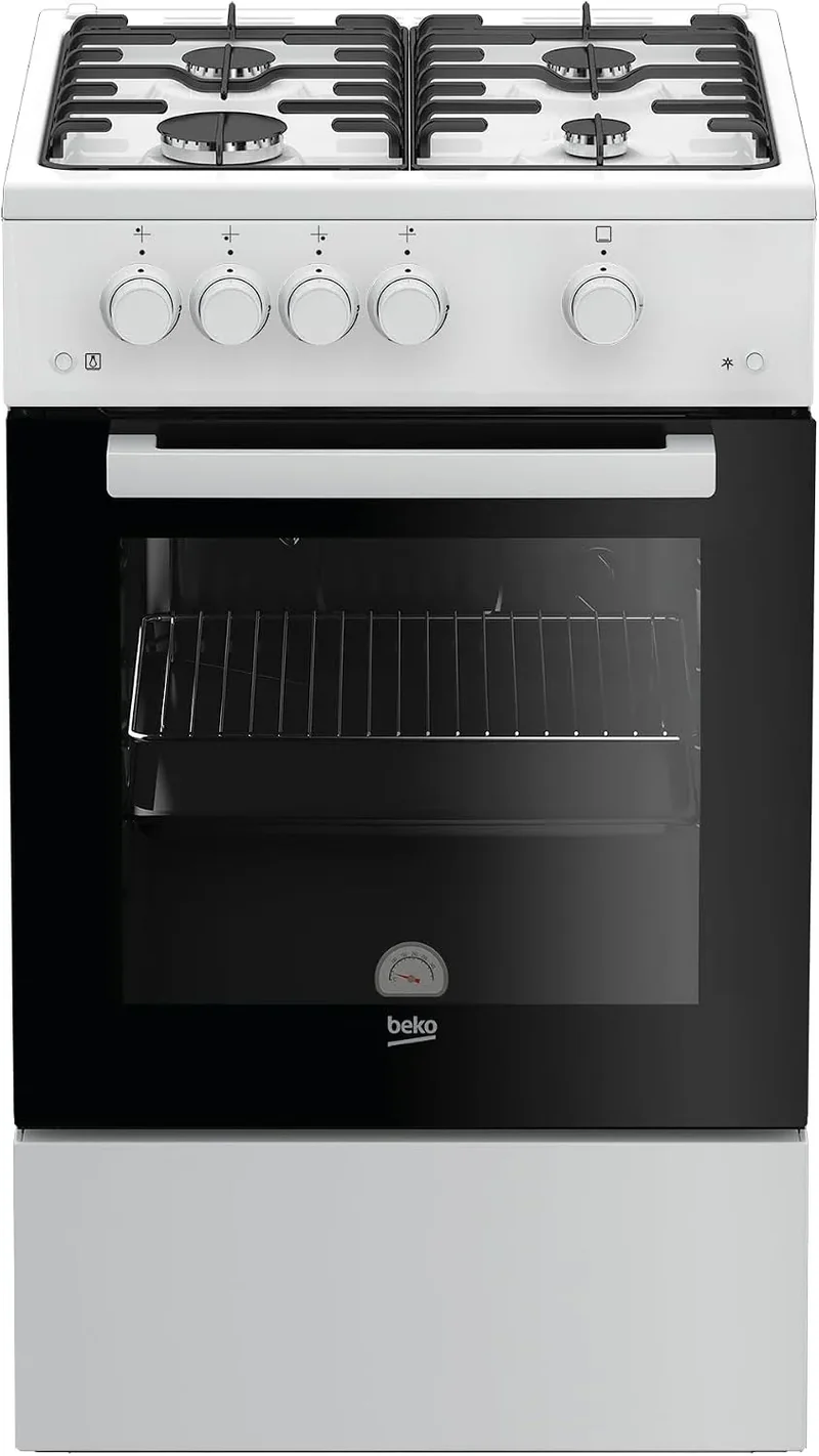 Beko Backofen FSG52010FW, Breite 50 cm, 4 Kochzonen, Freistehender Gasherd, Gasbackofen mit Gaskochfeld, herausnehmbares Innenglas, Weiß
