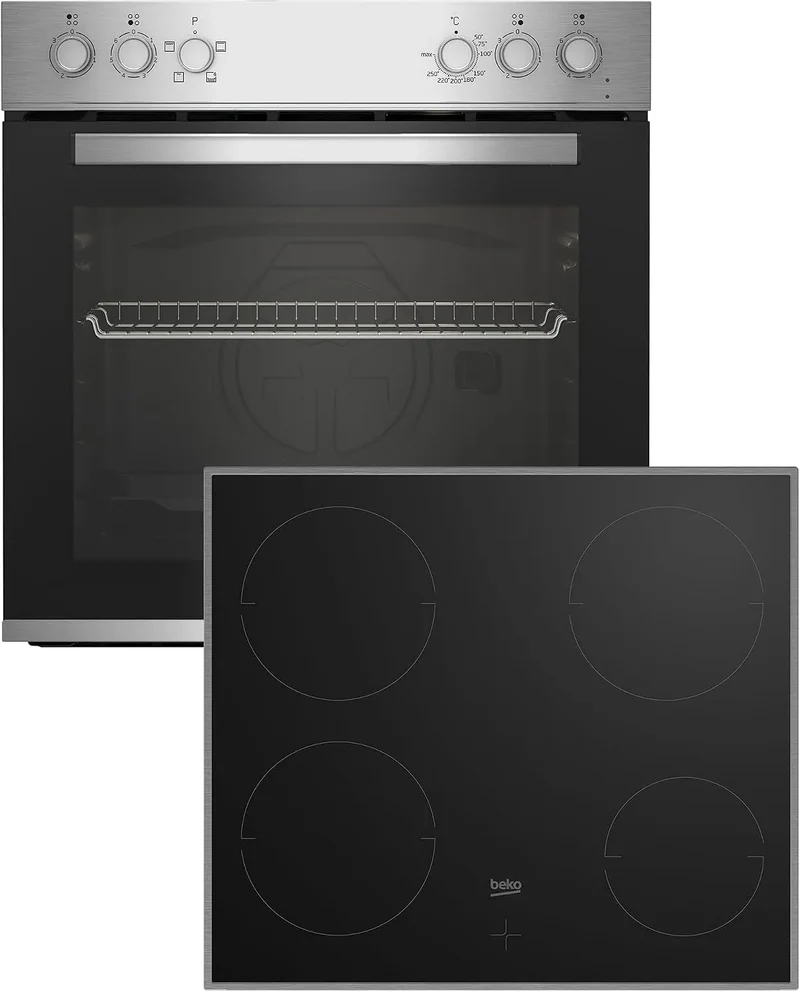 Beko Kochfeld BBUC12020X, SteamShine-Reinigung, Multifunktionsofen mit 4 Heizarten und Glaskeramik, Einbau-Herd-Set, Edelstahl, in Schwarz