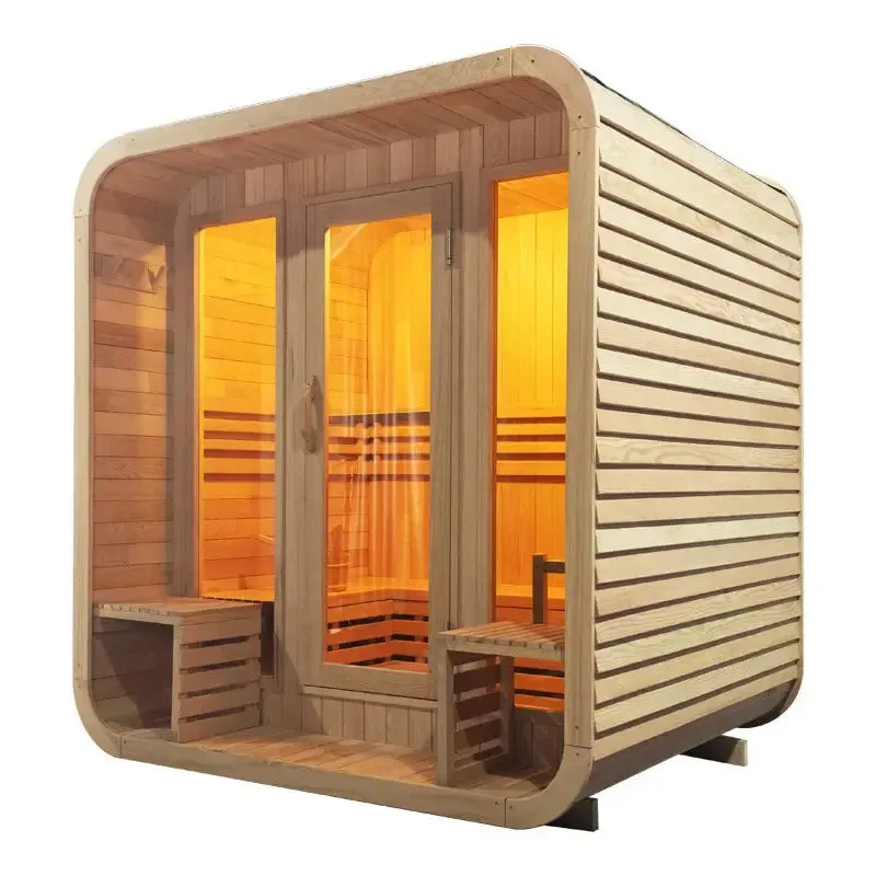 Outdoor Sauna for 6 – Cube Design, Red Cedar or Carbonized Wood