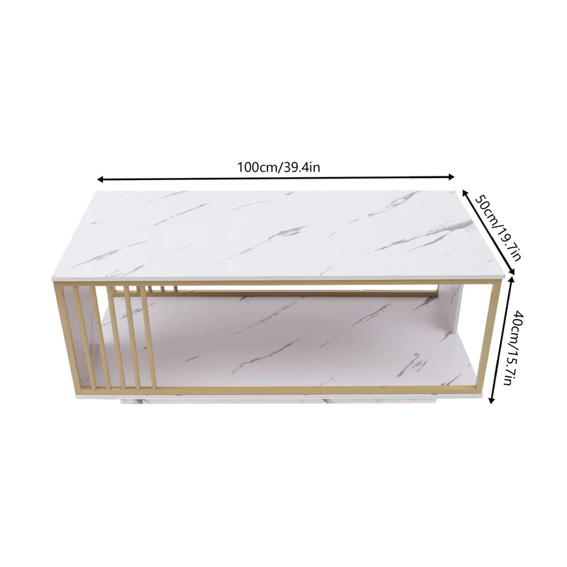Modern 2-Tier White+Gold Coffee Table High Gloss Marble Veneer Rectangle Living Room Furniture, Waiting Area Table