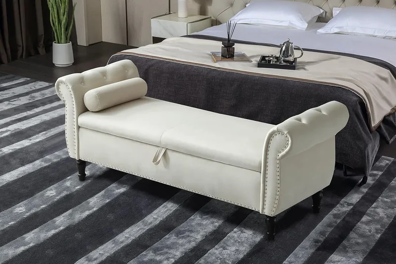 FIQHOME 63" Velvet Storage Bench with 1 Pillow, Multifunctional Rectangular Hallway Sofa Stool Buttons Tufted Nailhead Trimmed
