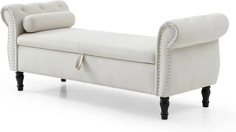 FIQHOME 63" Velvet Storage Bench with 1 Pillow, Multifunctional Rectangular Hallway Sofa Stool Buttons Tufted Nailhead Trimmed
