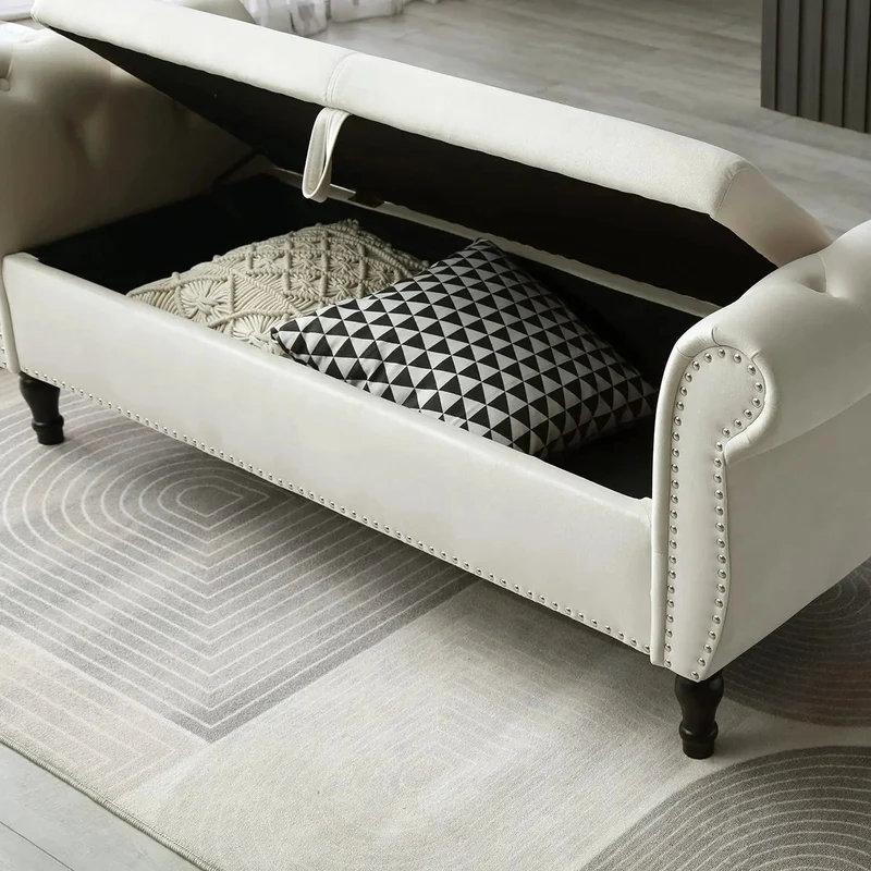 FIQHOME 63" Velvet Storage Bench with 1 Pillow, Multifunctional Rectangular Hallway Sofa Stool Buttons Tufted Nailhead Trimmed