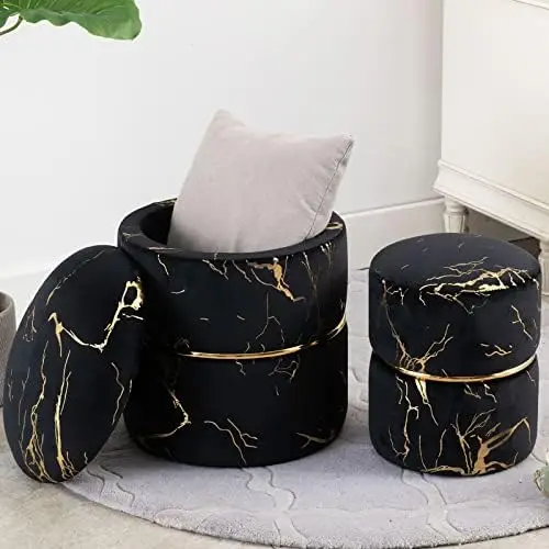 Round Black Velvet Ottoman , Modern Upholstered Vanity Ottoman Footrest Stool Indoor Ottoman for Entryway Living Room Bedroom D
