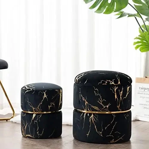 Round Black Velvet Ottoman , Modern Upholstered Vanity Ottoman Footrest Stool Indoor Ottoman for Entryway Living Room Bedroom D