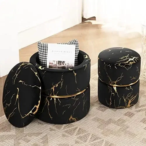Round Black Velvet Ottoman , Modern Upholstered Vanity Ottoman Footrest Stool Indoor Ottoman for Entryway Living Room Bedroom D