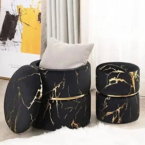 Round Black Velvet Ottoman , Modern Upholstered Vanity Ottoman Footrest Stool Indoor Ottoman for Entryway Living Room Bedroom D