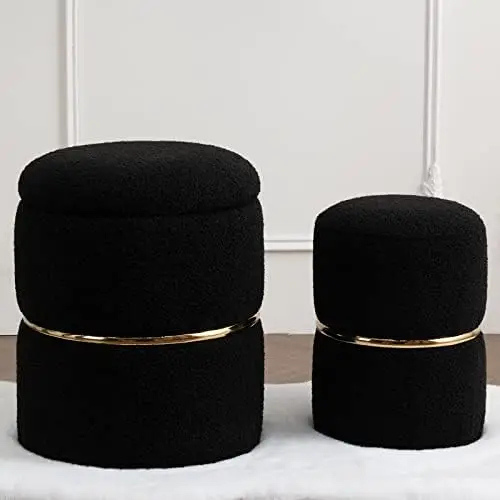 Round Black Velvet Ottoman , Modern Upholstered Vanity Ottoman Footrest Stool Indoor Ottoman for Entryway Living Room Bedroom D