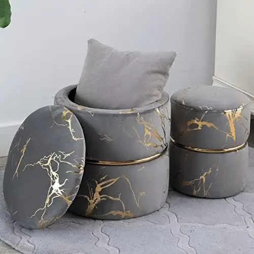 Round Black Velvet Ottoman , Modern Upholstered Vanity Ottoman Footrest Stool Indoor Ottoman for Entryway Living Room Bedroom D