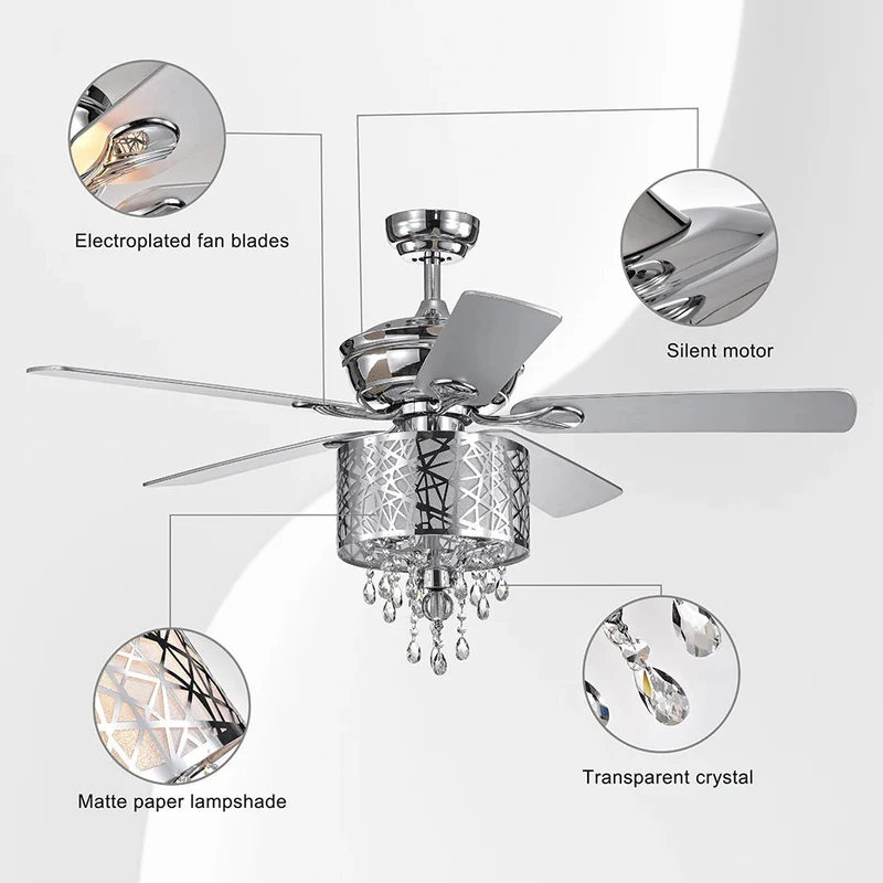Elegant Metal 52-inch Ceiling Fan (Optional Remote&2 Color Option Blades) or Bedroom, Living Room, Dining Room--Chrome