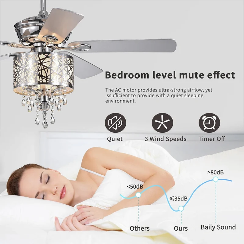 Elegant Metal 52-inch Ceiling Fan (Optional Remote&2 Color Option Blades) or Bedroom, Living Room, Dining Room--Chrome