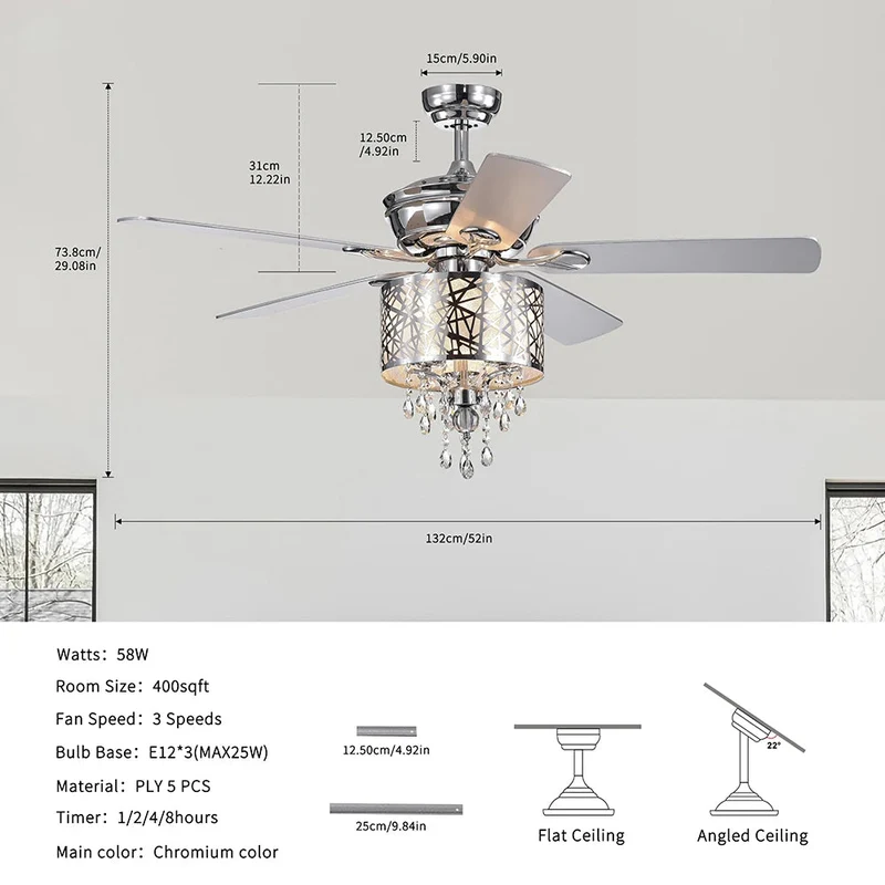 Elegant Metal 52-inch Ceiling Fan (Optional Remote&2 Color Option Blades) or Bedroom, Living Room, Dining Room--Chrome