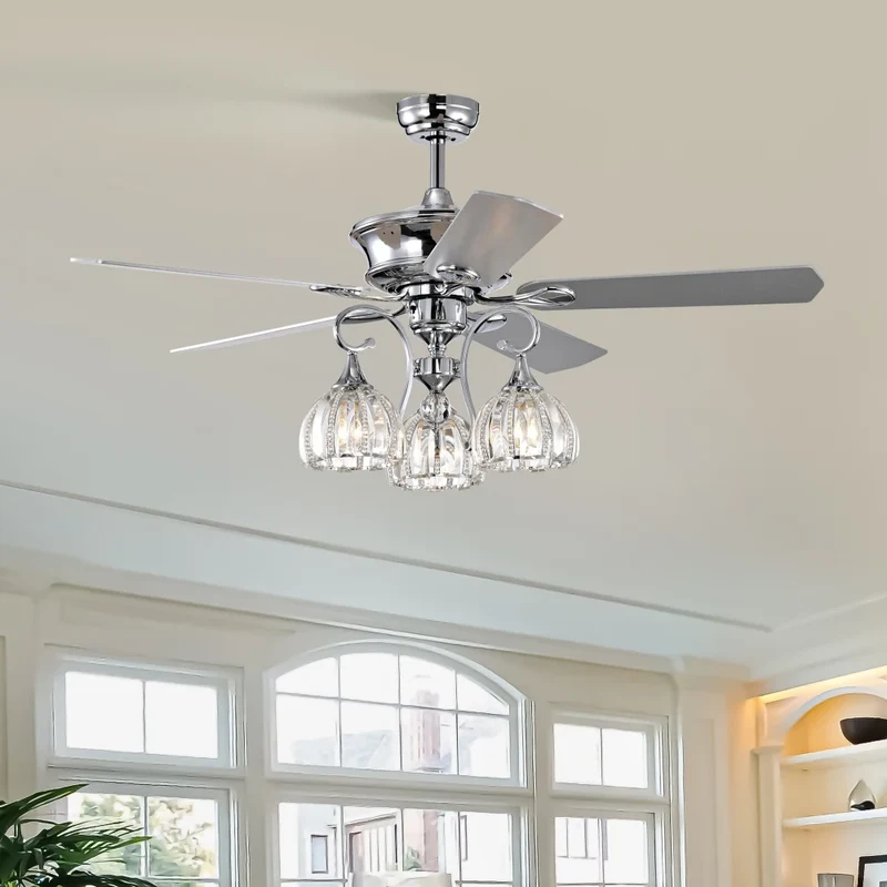 52''Crystal Ceiling Fan Lamp with Remote Control 3 Speed,5 Reversible Blades for Living Room,Dining Room,Bedroom