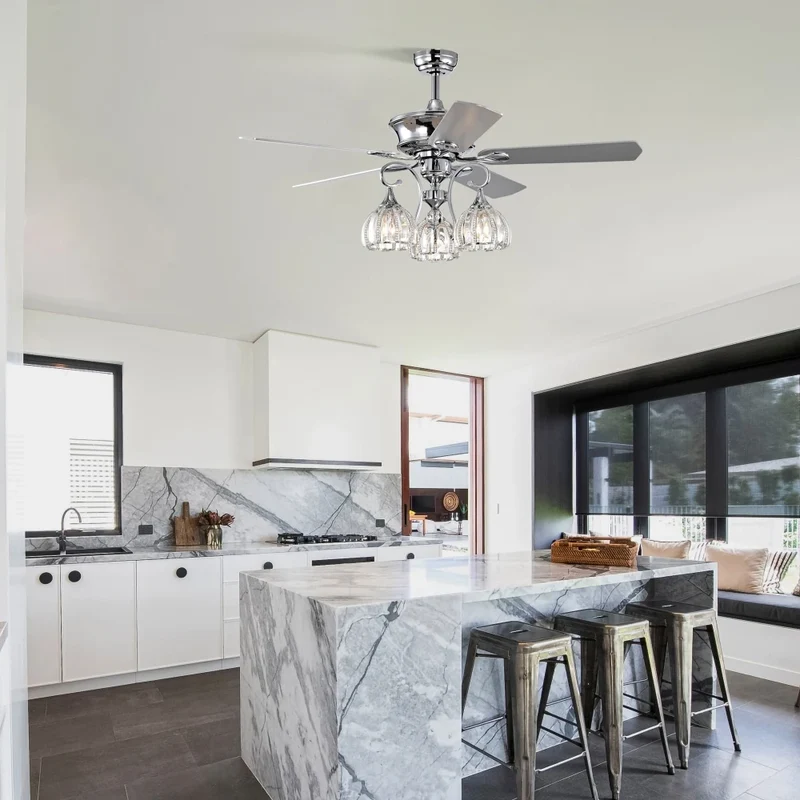 52''Crystal Ceiling Fan Lamp with Remote Control 3 Speed,5 Reversible Blades for Living Room,Dining Room,Bedroom