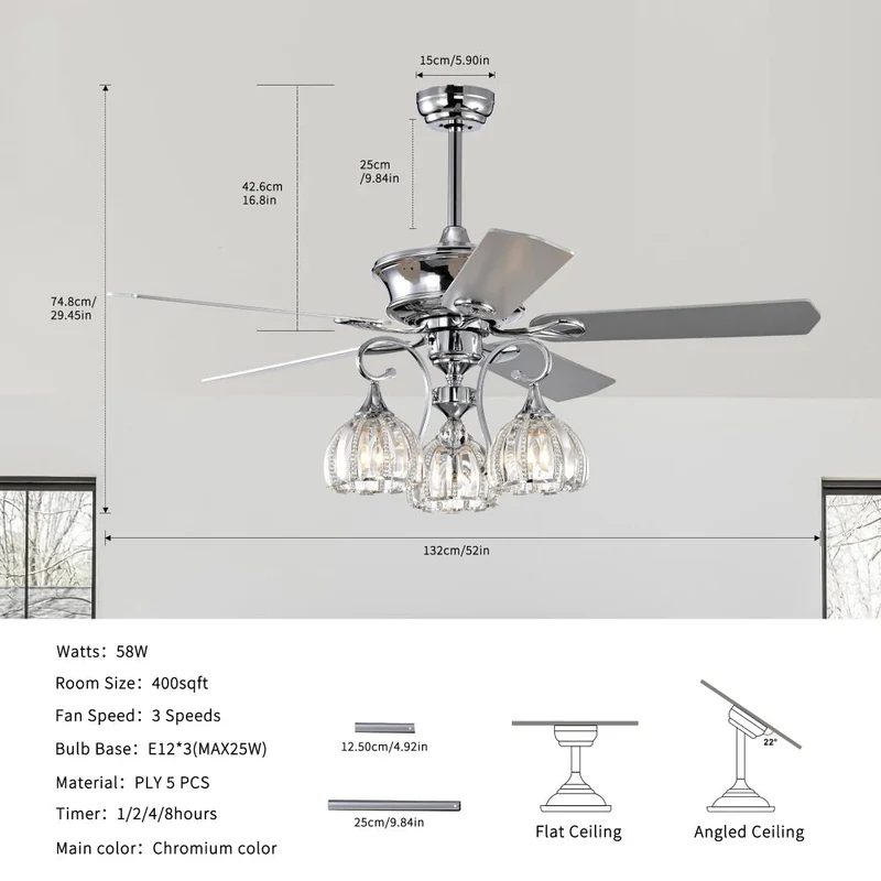 52''Crystal Ceiling Fan Lamp with Remote Control 3 Speed,5 Reversible Blades for Living Room,Dining Room,Bedroom