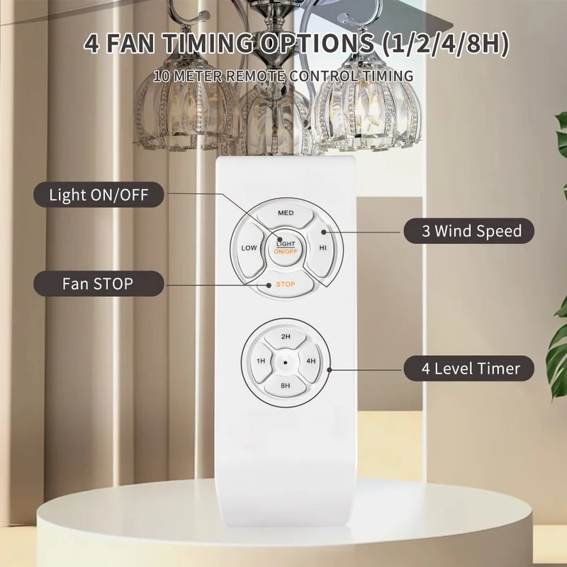 52''Crystal Ceiling Fan Lamp with Remote Control 3 Speed,5 Reversible Blades for Living Room,Dining Room,Bedroom