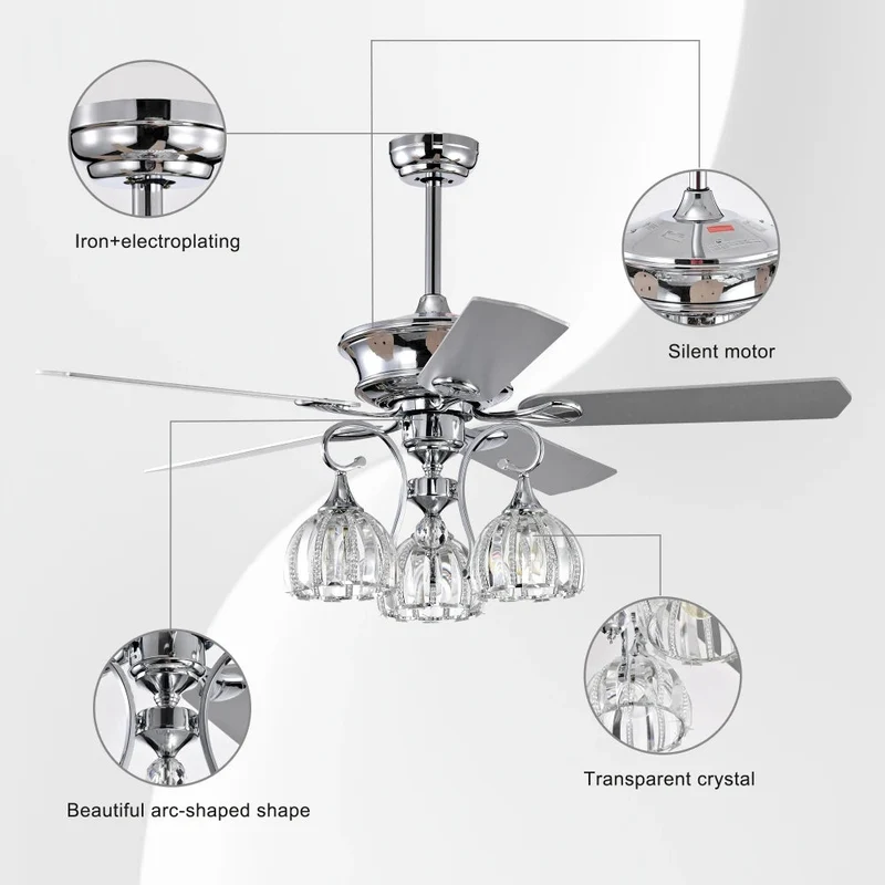 52''Crystal Ceiling Fan Lamp with Remote Control 3 Speed,5 Reversible Blades for Living Room,Dining Room,Bedroom