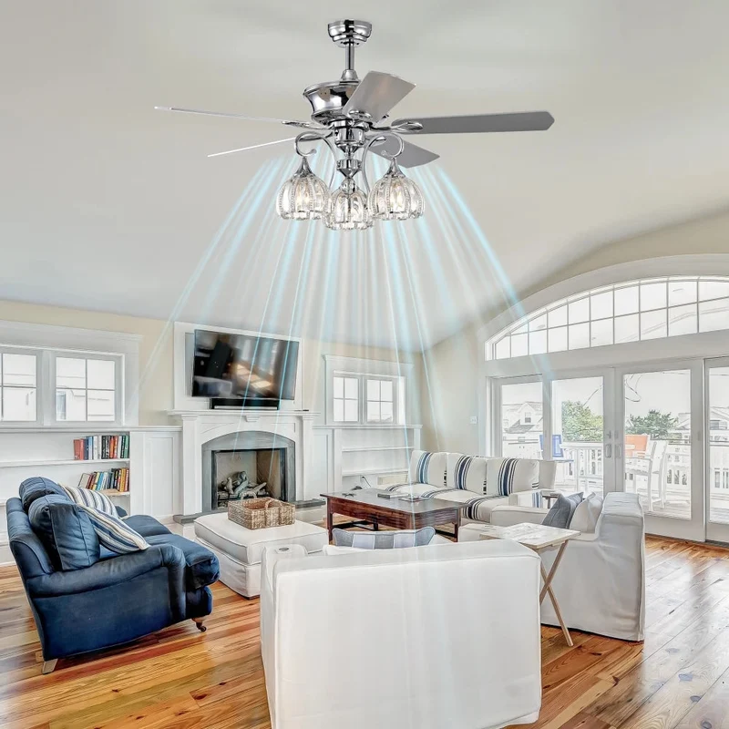 52''Crystal Ceiling Fan Lamp with Remote Control 3 Speed,5 Reversible Blades for Living Room,Dining Room,Bedroom