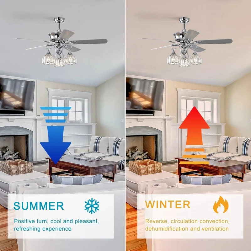 52''Crystal Ceiling Fan Lamp with Remote Control 3 Speed,5 Reversible Blades for Living Room,Dining Room,Bedroom