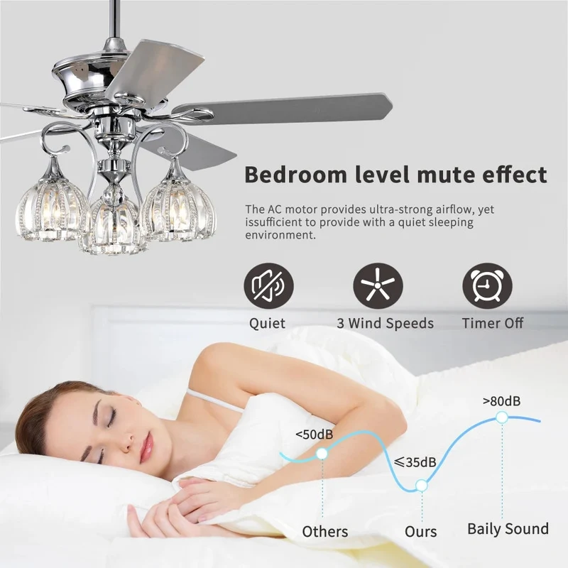52''Crystal Ceiling Fan Lamp with Remote Control 3 Speed,5 Reversible Blades for Living Room,Dining Room,Bedroom
