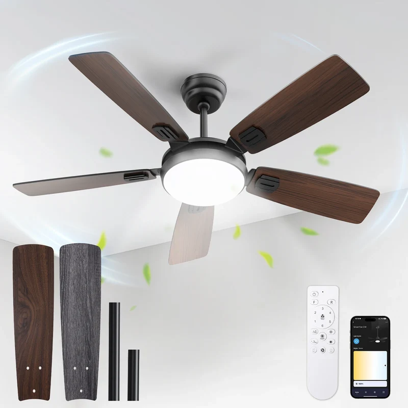 Modern Minimalist 5-Blade Ceiling Fan Light 42 /52 Black/White/Wood Grain Dimmable with Doodle App Ceiling Fan Light