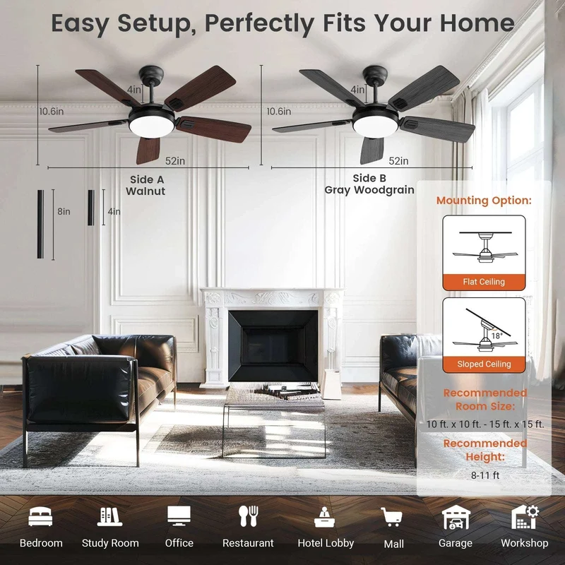 Modern Minimalist 5-Blade Ceiling Fan Light 42 /52 Black/White/Wood Grain Dimmable with Doodle App Ceiling Fan Light