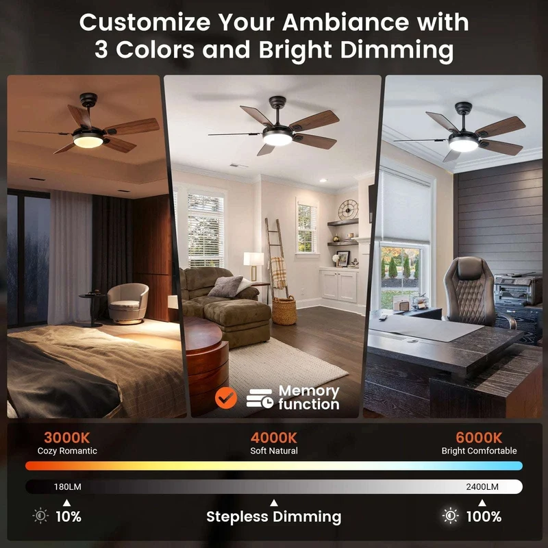 Modern Minimalist 5-Blade Ceiling Fan Light 42 /52 Black/White/Wood Grain Dimmable with Doodle App Ceiling Fan Light