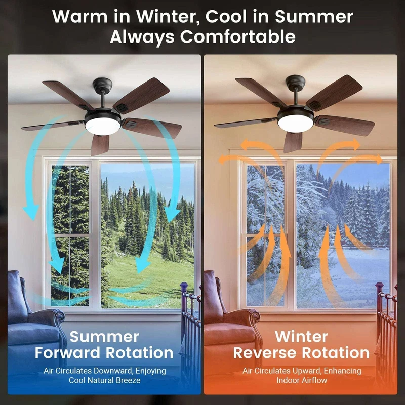 Modern Minimalist 5-Blade Ceiling Fan Light 42 /52 Black/White/Wood Grain Dimmable with Doodle App Ceiling Fan Light