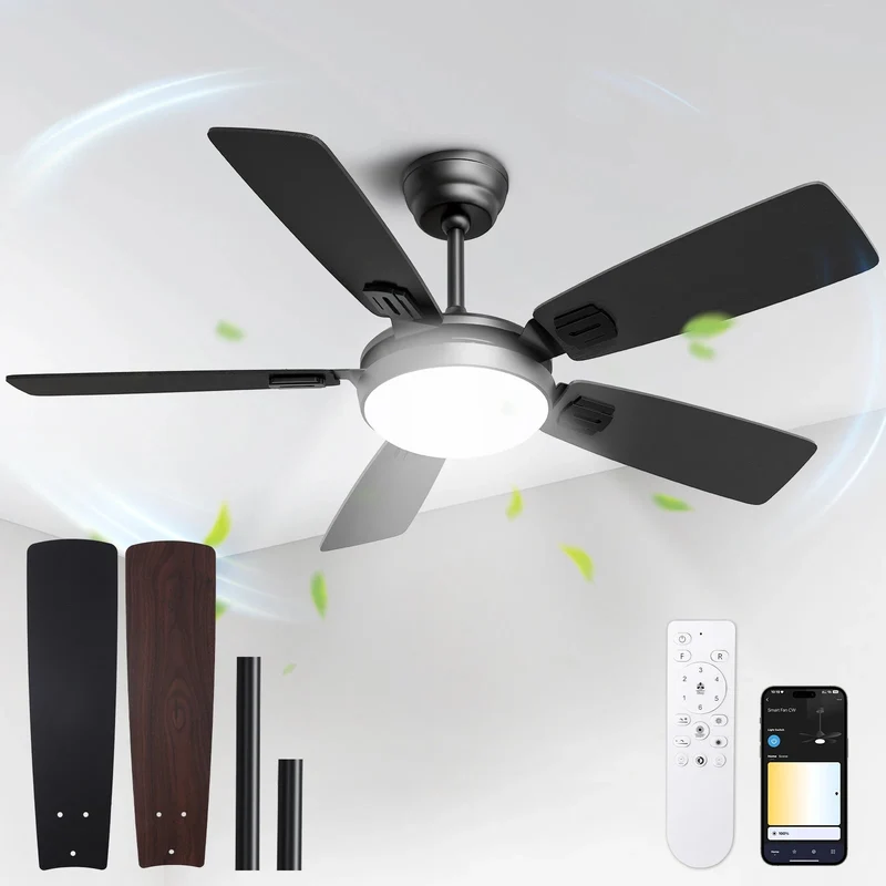 Modern Minimalist 5-Blade Ceiling Fan Light 42 /52 Black/White/Wood Grain Dimmable with Doodle App Ceiling Fan Light