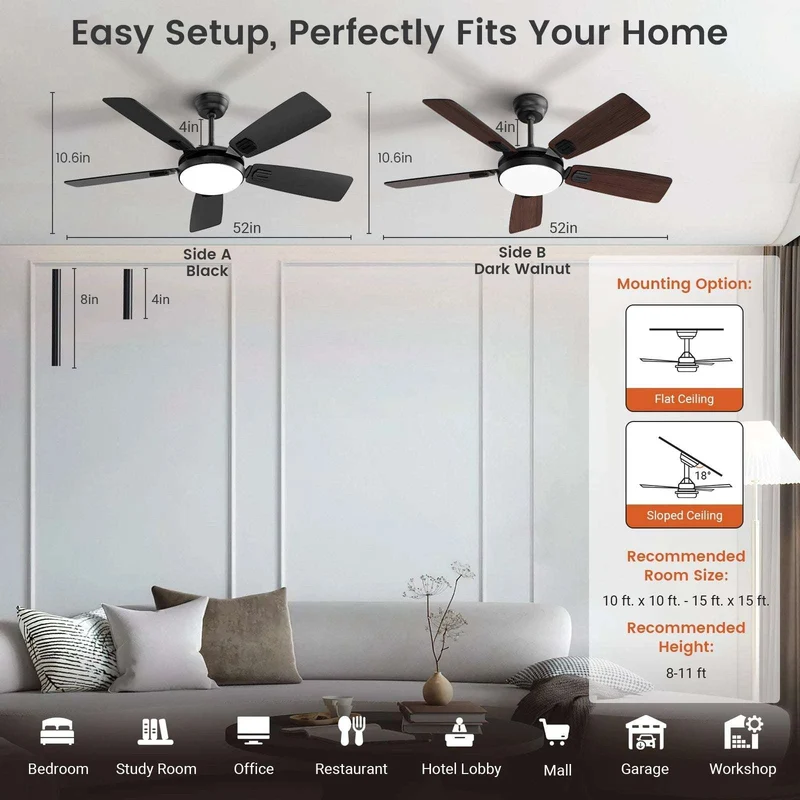 Modern Minimalist 5-Blade Ceiling Fan Light 42 /52 Black/White/Wood Grain Dimmable with Doodle App Ceiling Fan Light