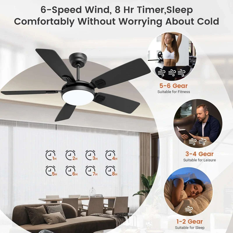 Modern Minimalist 5-Blade Ceiling Fan Light 42 /52 Black/White/Wood Grain Dimmable with Doodle App Ceiling Fan Light