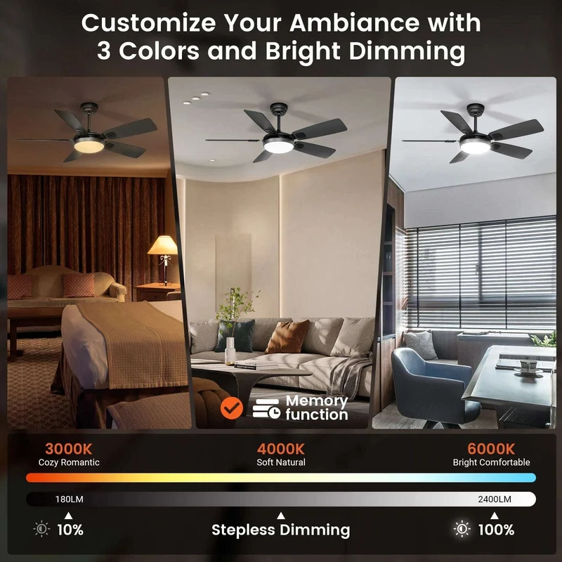 Modern Minimalist 5-Blade Ceiling Fan Light 42 /52 Black/White/Wood Grain Dimmable with Doodle App Ceiling Fan Light