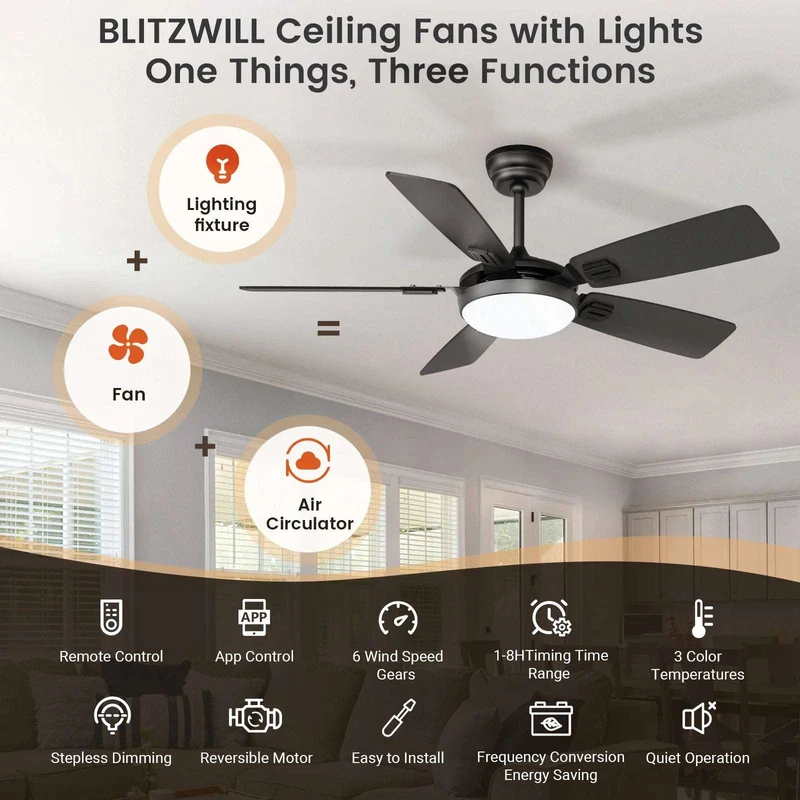 Modern Minimalist 5-Blade Ceiling Fan Light 42 /52 Black/White/Wood Grain Dimmable with Doodle App Ceiling Fan Light